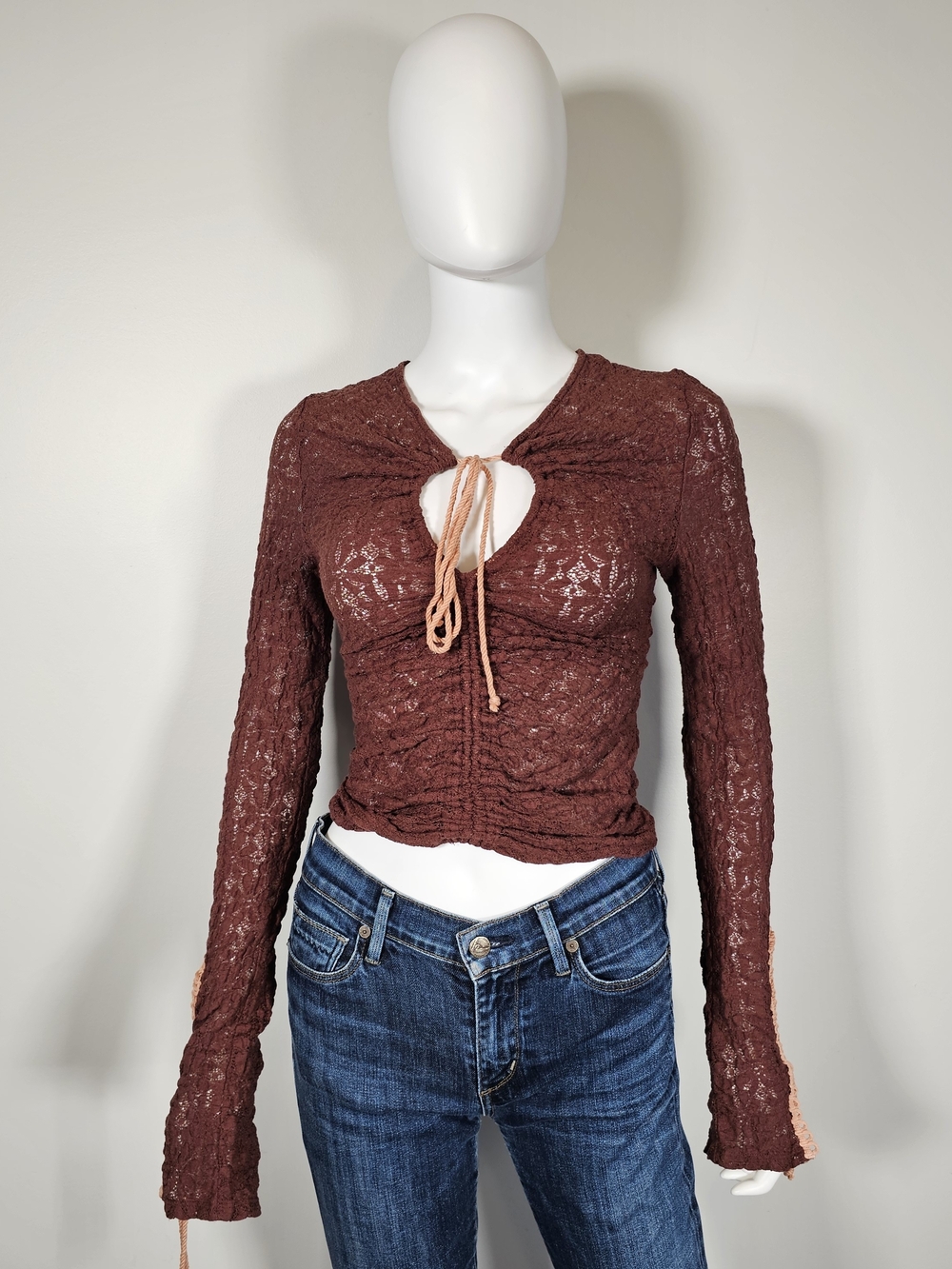 Free People Lace Tie-Front Long Sleeve Top in Rust Sz XS